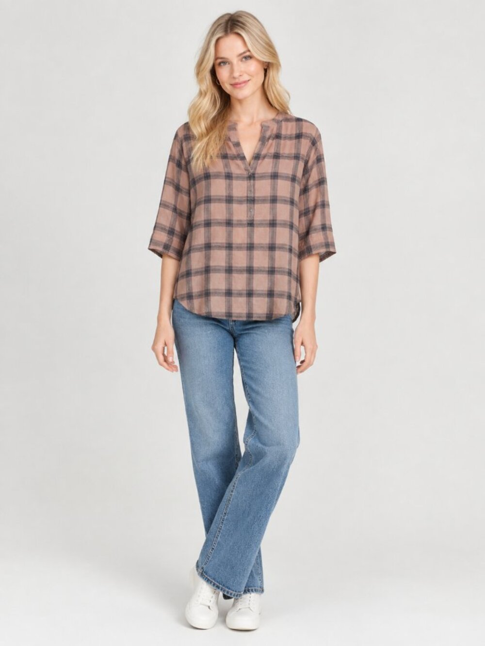 2/$30 Lucky Brand Checkered Windowpane Popover Top Peach Navy Medium #A4532